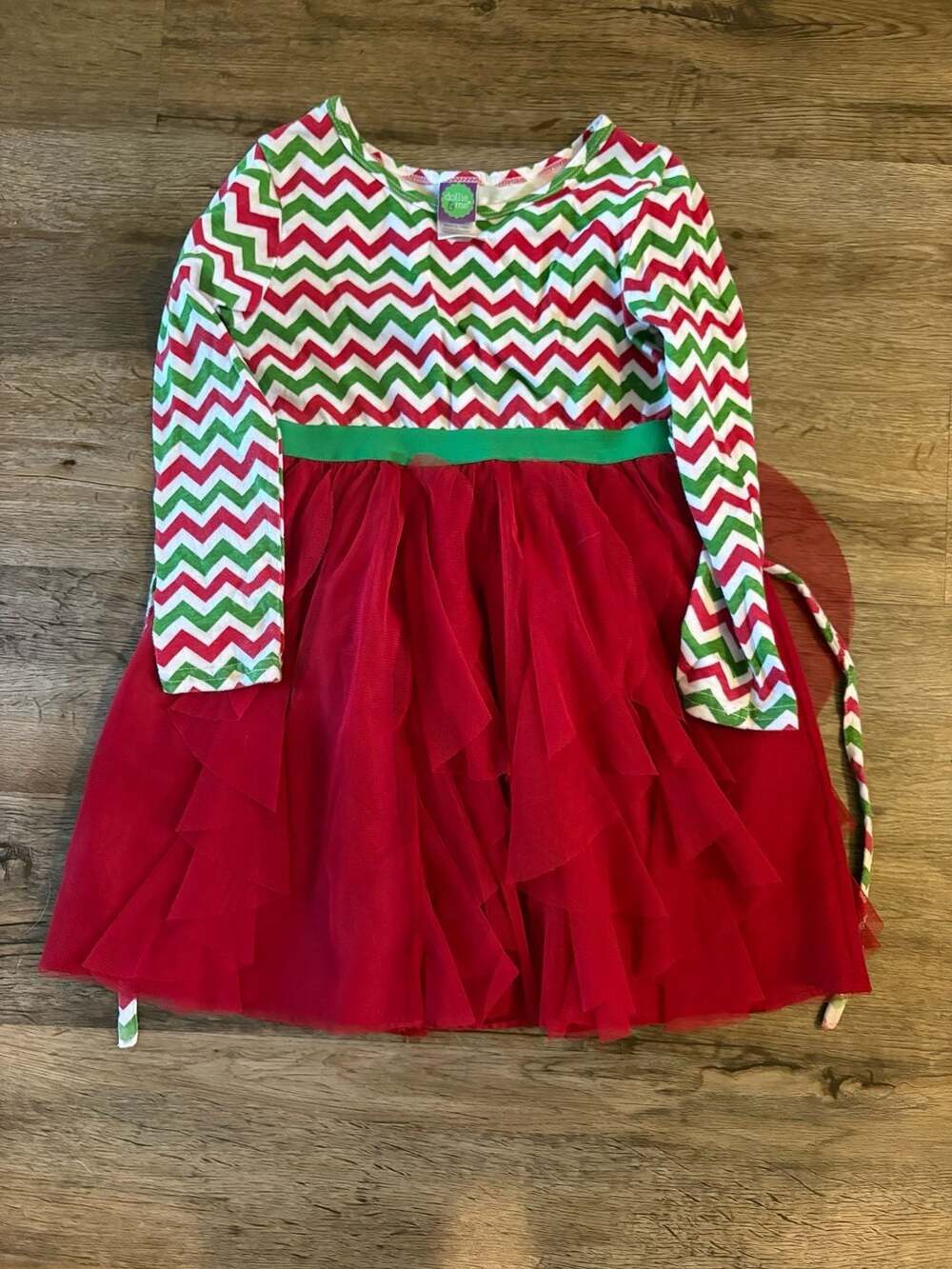 Dollie & Me Girls Red and Green Chevron Long Sleeve Tulle Holiday Dress Size 6